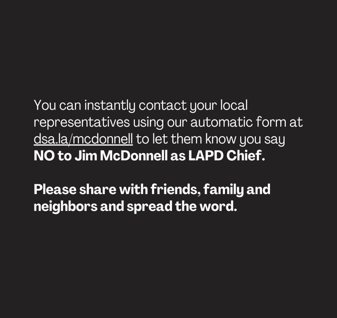 In 2016, my 2nd grader said to me “I don’t want Trump to deport my uncle.” Today my 4th grader asked me “is he going to deport immigrants?”

Keep #ICEoutofLA send a letter to Bass opposing the new chief of police. dsa.la/mcdonnell