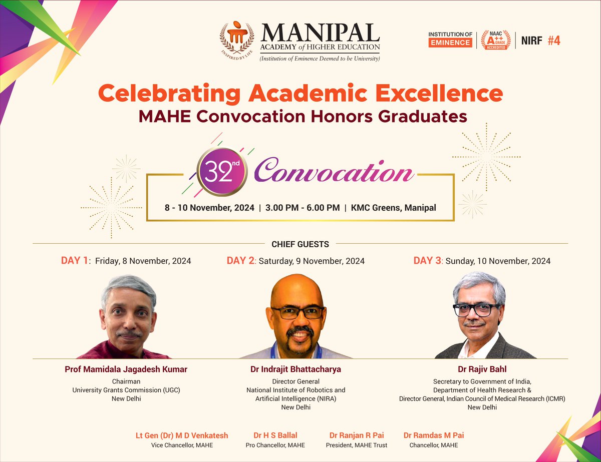 MAHE_Manipal's tweet photo. Today marks the much-anticipated commencement of the 32nd Convocation of Manipal Academy of Higher Education (MAHE), Manipal! We extend our heartfelt congratulations to the graduates and invite all to join us in commemorating this momentous occasion.
#MAHEConvocation2024 https://t.co/EBWEnIGqfW