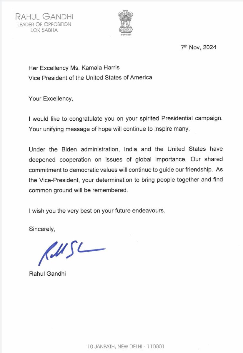 LoP Shri <a href="/RahulGandhi/">Rahul Gandhi</a> writes to U.S. Vice President <a href="/KamalaHarris/">Kamala Harris</a> to congratulate her on her spirited presidential campaign.