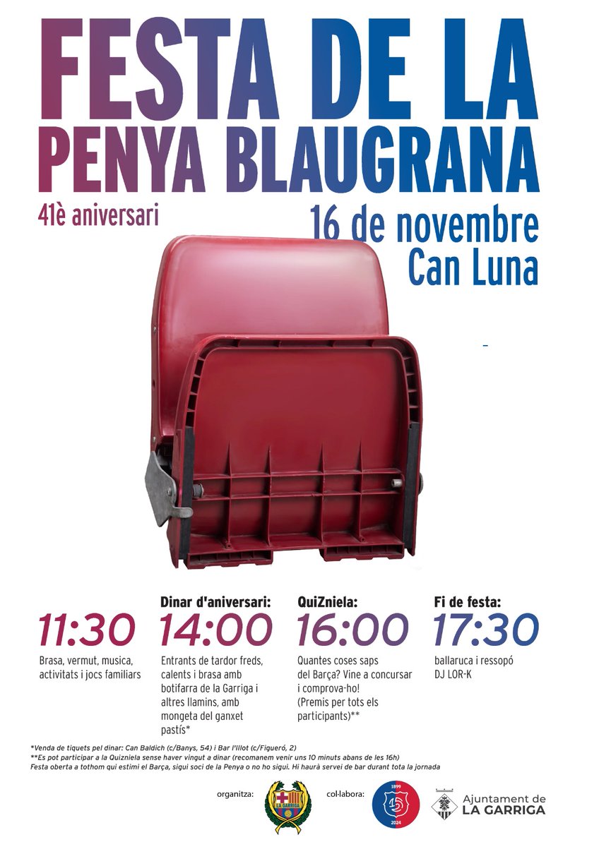 Ja la tenim aquí!! Un any més, la "Festa de la Penya" de #laGarriga , per celebrar el 41è Aniversari.
Serà el dissabte 16 de novembre, tot el dia, a Can Luna.
Ja podeu comprar els tiquets del dinar (25€) al Bar l'Illot i a <a href="/CanBaldich/">Can Baldich</a> Us hi esperem!