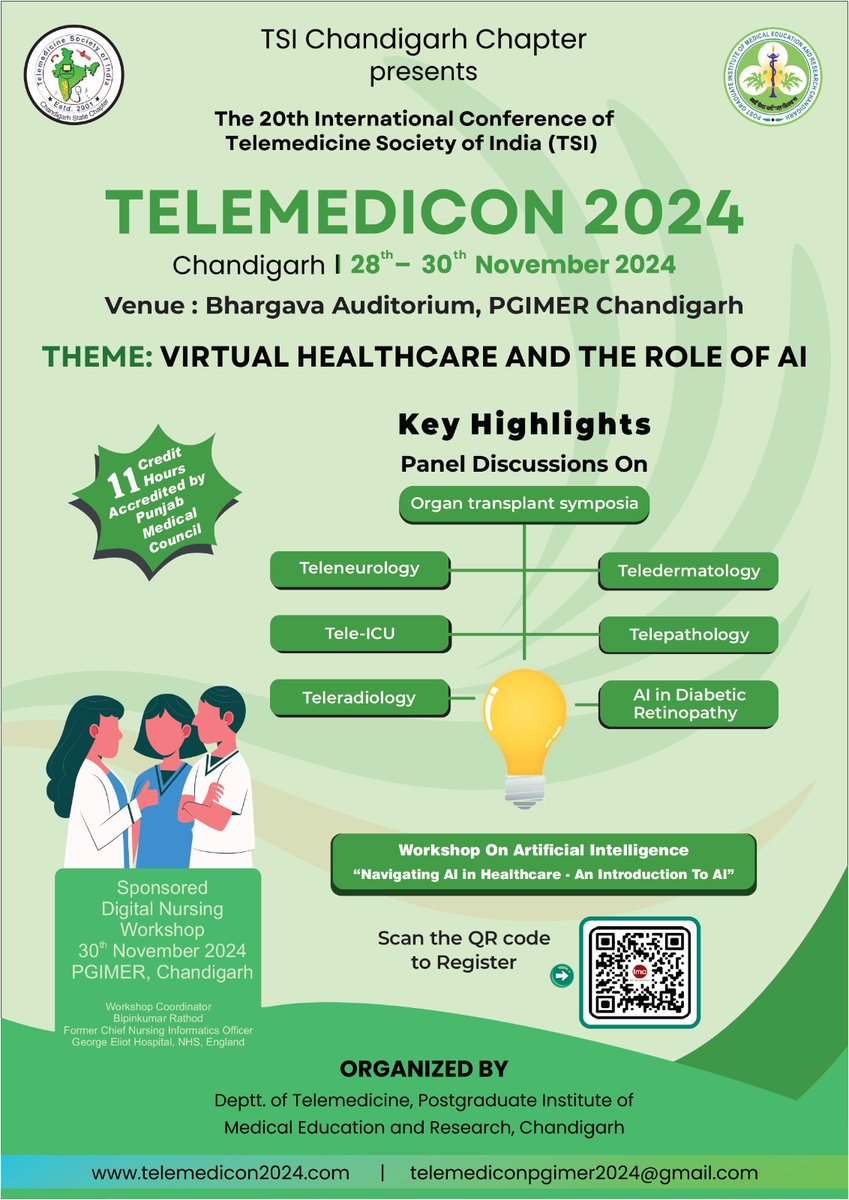 Join us for Telemedicon 2024 at PGIMER Chandigarh and explore the future with insights on latest healthcare innovations in Telemedicine and AI! 

Don’t miss our specialized workshops on 'Navigating AI in Healthcare' and 'Digital Nursing'.

Register now: lnkd.in/g6pec2xU