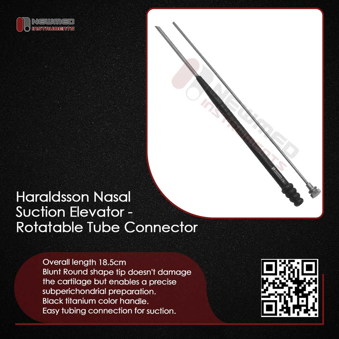 nmedinstruments's tweet image. Precision meets innovation with the NewMed® Haraldsson Nasal Suction Elevator. Rotatable tube connector, blunt round tip for safe preparation, and a sleek black titanium handle.  #NasalSuctionElevator #greymedical #ENTTools #SurgicalExcellence