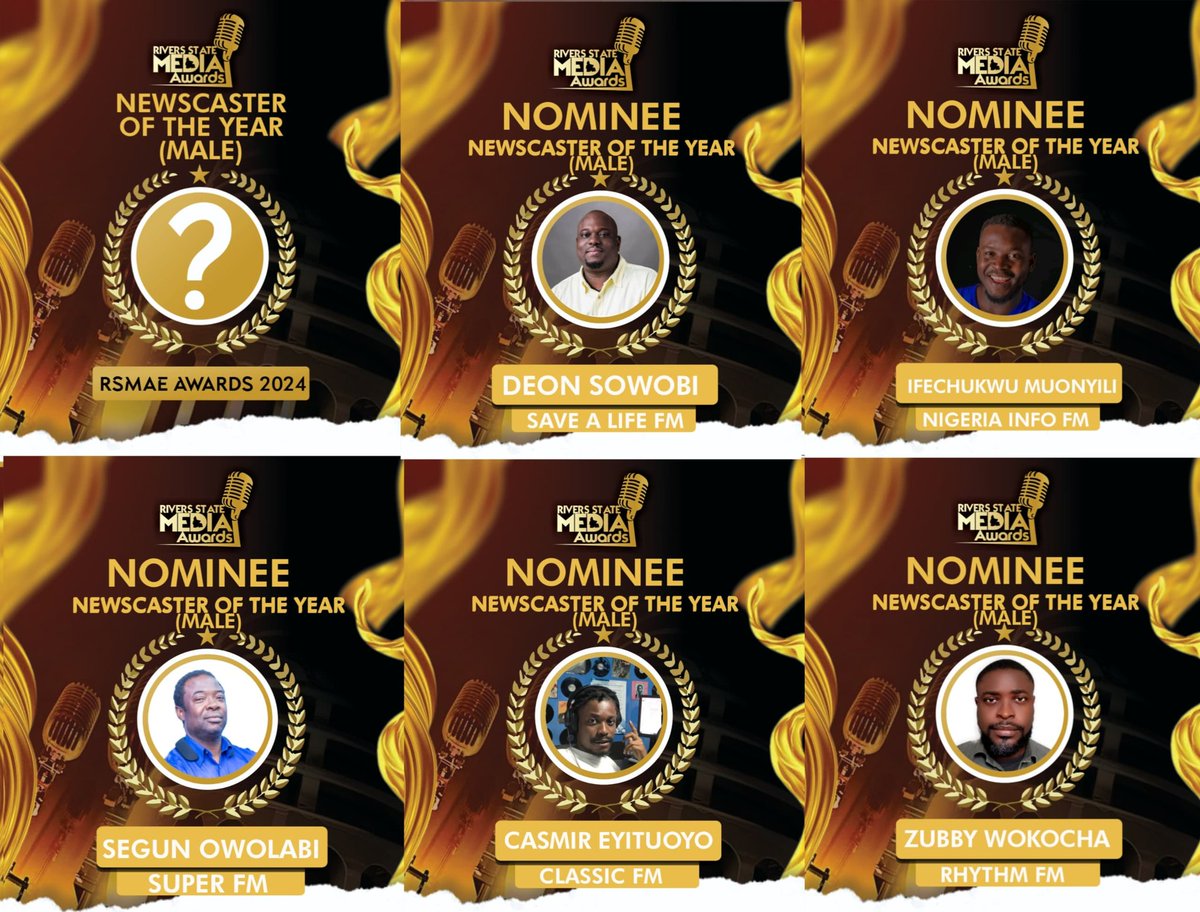 Rivers State Media and Entertainment Awards (@rs_media_awards) on Twitter photo CATEGORY FIFTEEN (15): Newscaster of the Year (Male)
Rivers State Media and Entertainment Awards 2024.
Click link to vote:
pollie.app/o9mwt
Voting is possible until Saturday, November 30, 2024 at 11:58 PM
Segun Owolabi
<a href="/ZubzZilla/">Zubi Ekeuku Wokocha</a>
<a href="/King_ifey/">Ifechukwu Muonyili</a>
<a href="/OTYCasimir/">TyCasimir.</a>
<a href="/Deon_469/">Deon Sowobi</a> CATEGORY FIFTEEN (15): Newscaster of the Year (Male)
Rivers State Media and Entertainment Awards 2024.
Click link to vote:
pollie.app/o9mwt
Voting is possible until Saturday, November 30, 2024 at 11:58 PM
Segun Owolabi
<a href="/ZubzZilla/">Zubi Ekeuku Wokocha</a>
<a href="/King_ifey/">Ifechukwu Muonyili</a>
<a href="/OTYCasimir/">TyCasimir.</a>
<a href="/Deon_469/">Deon Sowobi</a>