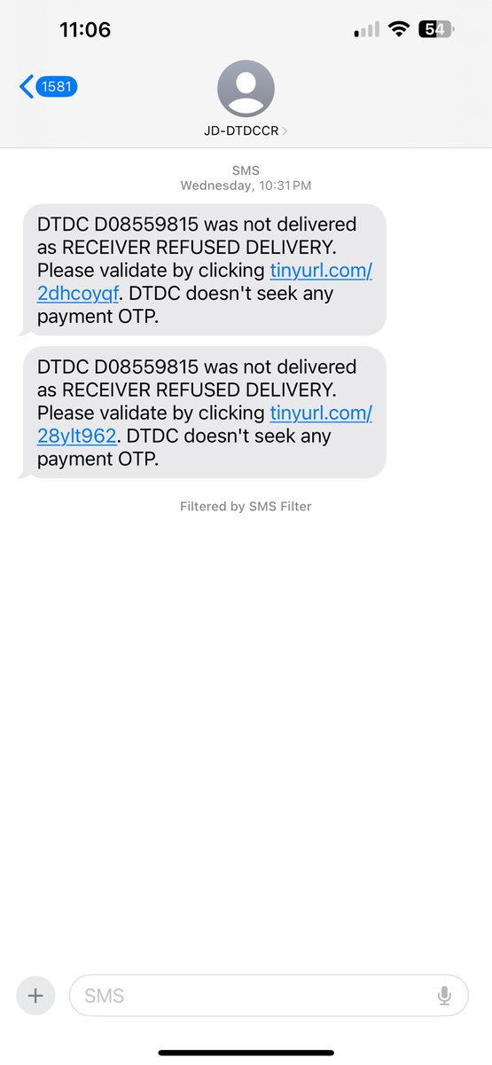Sweetie0008's tweet photo. Me and my colleagues got the same text in which it says that we are at fault.. in reality your delivery boy did not even try to contact us.. 
We suppose to receive Diwali gift from our work place and u guys stole the Gift. 
See the time in screenshot. 10:31 PM ?
@DTDCIndia https://t.co/kzhnY7aq0J