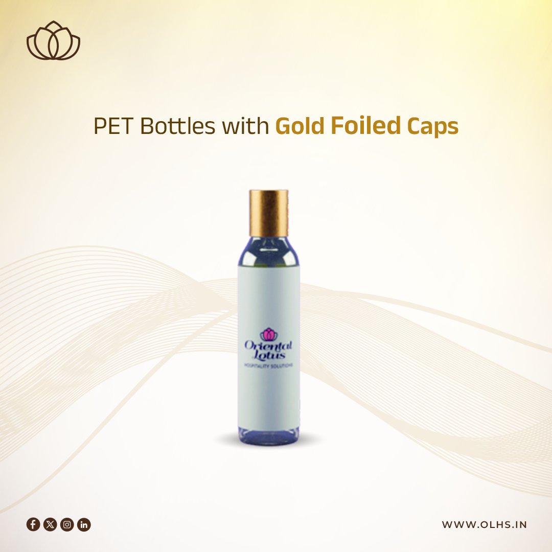 OLHSIndia's tweet photo. Discover the luxury of OLHSโs luxury packaging. OLHS 50ml PET bottles with gold-plated caps are ideal choice for shampoos, gels, & sanitizers. A touch of elegance, fully recyclable, ideal for hotels that combines luxury and eco-consciousness. #OLHS #PETBottles #Packaging https://t.co/Uqtv2YkA8H