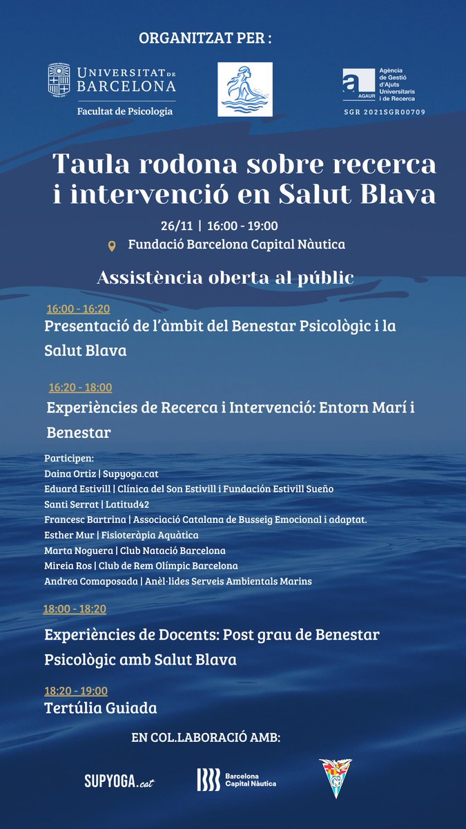 📣No et perdis aquesta oportunitat de descobrir com l’entorn marí pot contribuir a la nostra salut i benestar! 🌊
📅 Data: 26 de novembre
🕓 Horari: 16:00 - 19:00
📍 Lloc: Fundació Barcelona Capital Nàutica
🎟 Assistència oberta al públic

T’hi esperem!