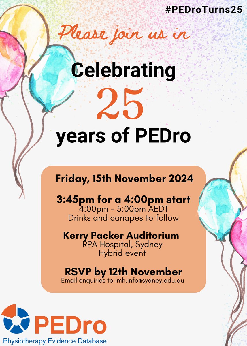 Join us in celebrating 25 years of PEDro 🎉

On 15 November we will be celebrating and hearing from some of the many people and organisations who have championed PEDro's journey. Join us in-person or online!

RSVP TODAY (12 November): eventbrite.com.au/e/celebrating-…