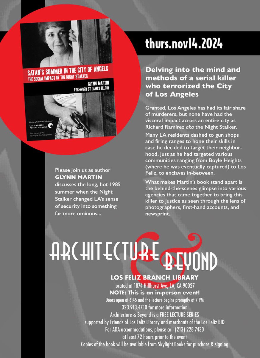 LosFelizLibrary's tweet photo. Join us next Thursday at 7PM for an eerily exciting lecture from the author of “Satan’s Summer in the City of Angels” https://t.co/PtG5Qmn3gz