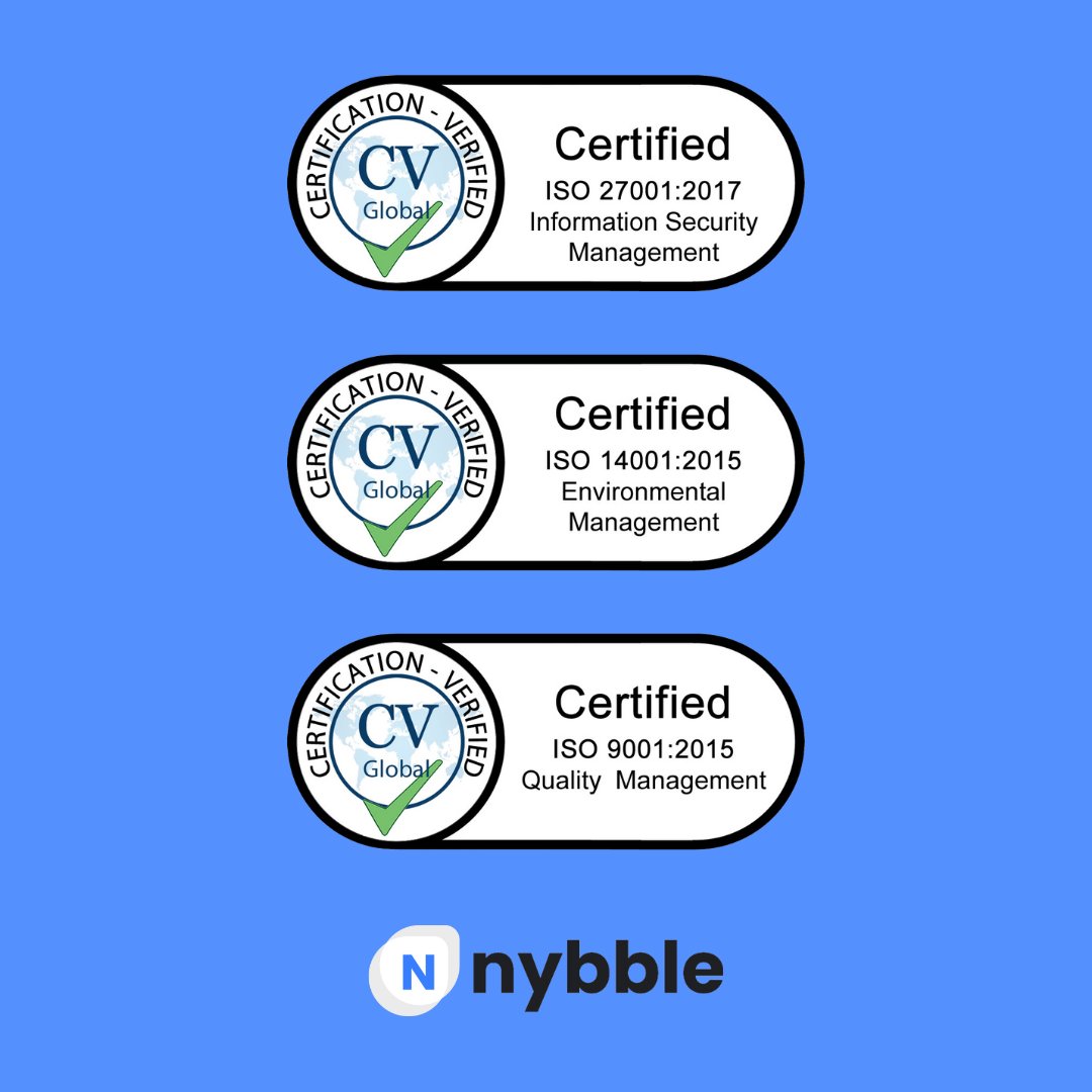 Did you know that Nybble are accredited with multiple ISO certifications?
✅ ISO 27001 - Information Security Management
✅ ISO 14001 - Environmental Management
✅ ISO 9001 - Quality Management

#ISO9001 #ISO14001 #ISO27001 #Quality #Sustainability #Security #Nybble #Excellence