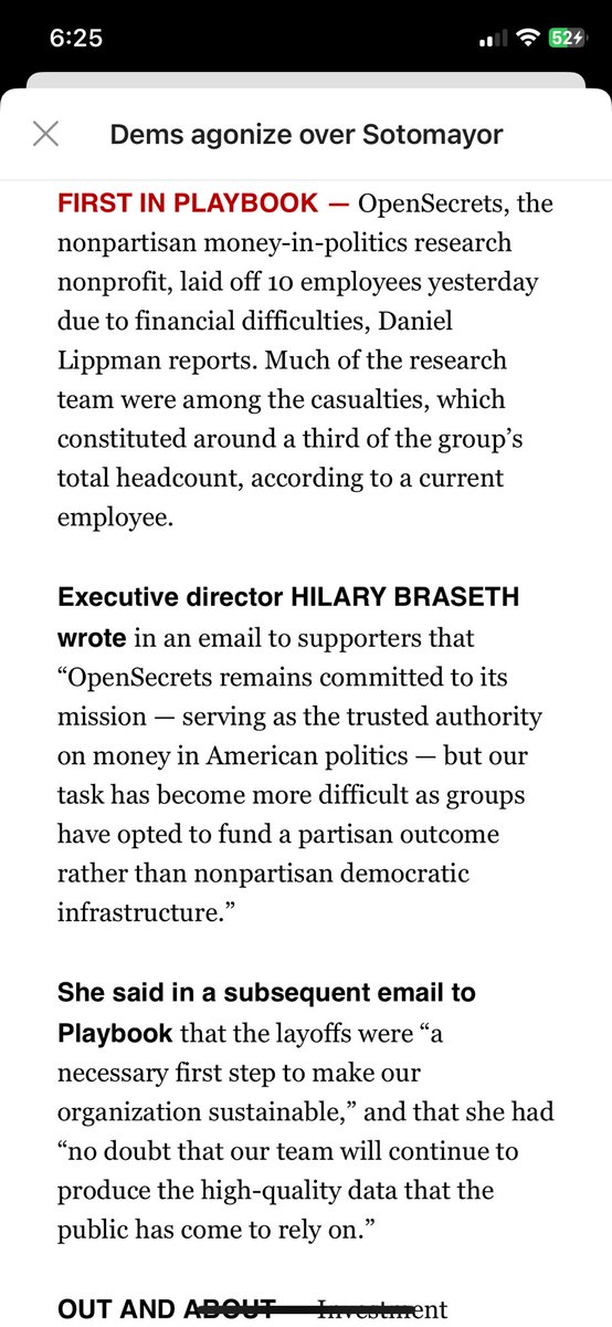 SCOOP: OpenSecrets, the nonpartisan money-in-politics research nonprofit, laid off 10 employees yesterday due to financial difficulties. Much of the research team were among the casualties, which constituted around a third of the group’s total headcount. politico.com/newsletters/pl…
