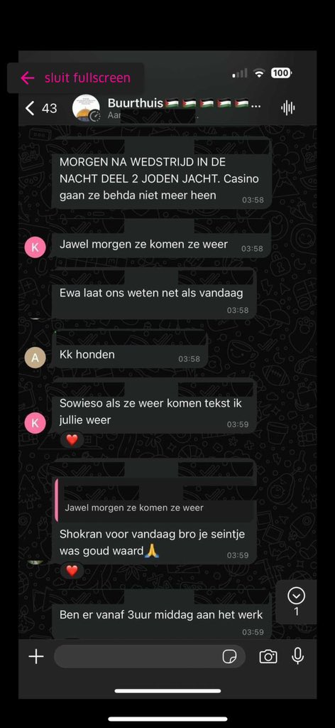 gordameir's tweet photo. Screen de uno de los grupos de los matones pro palestina organizando el ataque en Ámsterdam, pasando data de por donde van a salir los hinchas israelíes y hablando literalmente de “Joden Jacht Nacht” esto es, “noche de cacería de judíos”, pero acá hay que leer que los judíos lo provocaron o que fue simplemente una pelea entre barras cuando el Maccabi Tel Aviv se enfrentaba al Ajax un equipo históricamente ligado a la comunidad judía. Los que atacaron a los israelíes no eran barras ni hinchas, tampoco gente enojada por alguna boludez que pudo haber hecho un hincha israelí, eran grupos de árabes que se organizaron previamente para atacar a los judíos únicamente por odio racial. Hay que dejar de ponerle excusas y justificar el antisemitismo islámico, basta de de culpar a los judíos de la violencia que se ejerce contra ellos cuando esta violencia es ejercida por árabes. Nótense además que no dicen “noche de cacería de sionistas” dicen “noche de cacería de judíos” se ve que se confundieron porque según los que los defienden en tuiter antisionismo nada que ver con antisemitismo.
