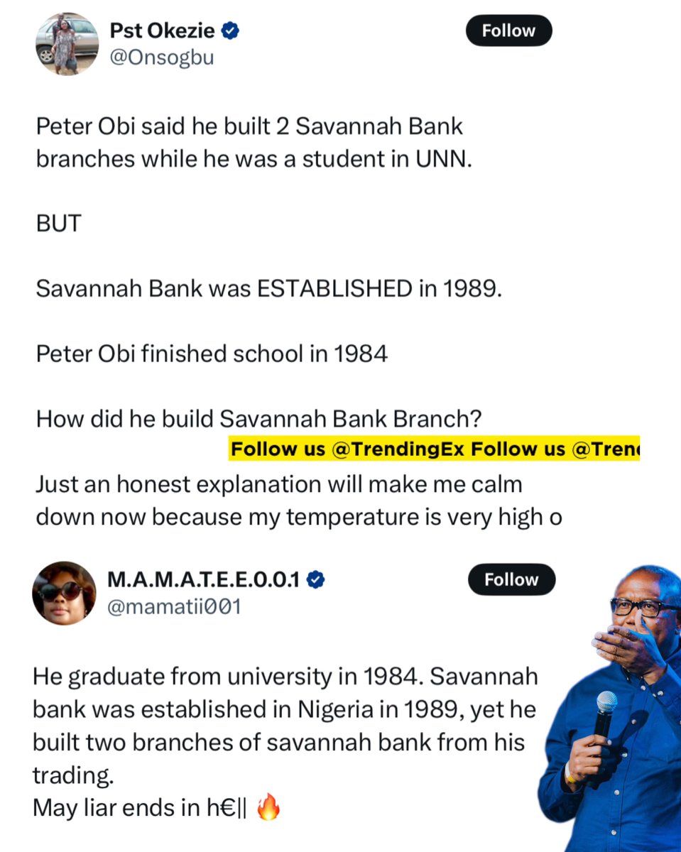 TrendingEx's tweet photo. Savannah Bank is trending because APC influencers are accusing Peter Obi of lying about ‘building’ banks 1984.

According to them, he graduated in 1984 but claims to have built a bank that was established in 1989.

These claims are extremely false.

In the podcast on Monday, PO said he built two Savannah banks as an undergraduate during his UNN days. Contrary to what is trending. 

The Savannah bank wasn’t established in 1989. It had existed long since, 1960 but as Bank of America NT&SA. 

Following the indigenization decree of 1975, the Bank of America relinquished its majority holding,  and the Nigerian government controlled 51.34% shareholding. 

Indigenization simply meant, putting the natives in charge of businesses.  Or.. for long.. “The new legislation was planned to give Nigerians more access to surplus income of businesses, shift foreign investment to highly technical areas and promote indigenous businesses.”

So..

The bank was then renamed ‘Savannah Bank of Nigeria Plc’ in 1979, Savannah International 1989, it was later privatized in 1992 through the Nigeria Stock Exchange.

Now how Peter built it? 

Apparently, while he was in UNN pursing a degree in Philosophy and dealing his trade, he became acquainted with the Manager of the Bank, who was doing a part time program in the school. 

Who, told him they needed two properties to extend their branches in Ubolafo, Nsukka Anambra. So, he (PO) built the properties, leased it to the bank for five years. 

He built it with ₦18,000 and leased it at ₦7,000 per year. Made ₦ 35,000 from each building. And that’s how he got into real estate.

Although, in the podcast he didn’t explain. He gave the impression that he built the bank from scratch. Hence, the misunderstanding.

Savannah bank was shutdown on 15th February 2001. 

According to then CBN Governor, Joseph Oladele Sanusi, the bank did not have enough assets to meet liabilities and did not comply with CBN obligations.

As at then they had 140 branches across the country. 

In 2009 6th of February a Court of Appeal sitting in Abuja ordered the re-opening of Savannah Bank, and ordered the CBN and NDIC to pay ₦100 million to the bank as damages.

In 2010 it was reported that the bank is trying to raise ₦100bn for a restart.

Follow @TrendingEx for an improved twitter experience.