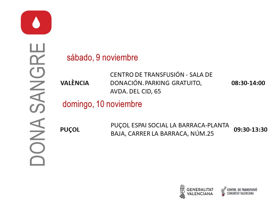 GVAdonasang's tweet image. 𝐏𝐮𝐧𝐭𝐨𝐬 𝐝𝐞 𝐝𝐨𝐧𝐚𝐜𝐢𝐨́𝐧 #València
📅sábado #9noviembre/ 📅domingo #10noviembre

#ComparteVida❤️