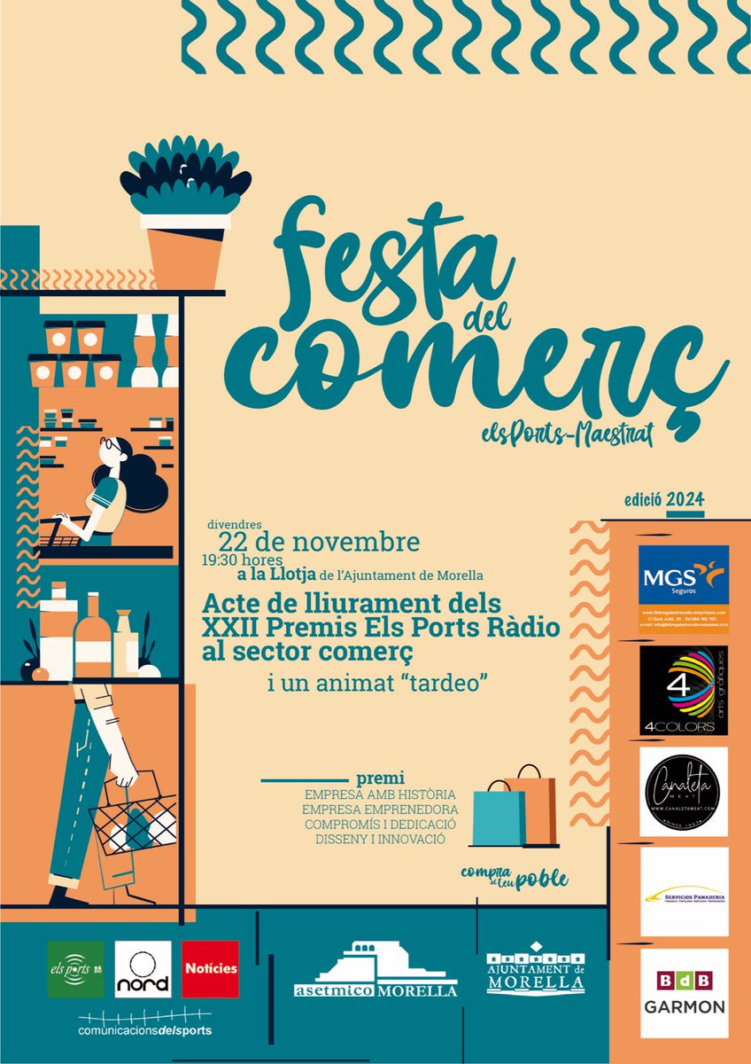 Ja tenim data per al lliurament dels XXII Premis Els Ports Ràdio al sector comerç: el proper divendres, 22 de novembre, a les 19:30h a la Llotja de l’Ajuntament de Morella, amb un animat “tardeo”!
🛍️
▸ comunicacionsdelsports.com