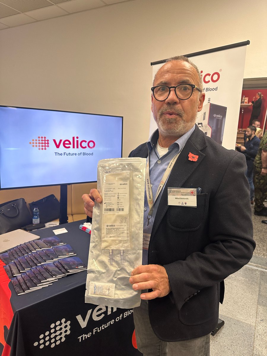 Dr Milos Bohonek at the 22nd Military Medicine Conference in Prague, proudly displaying Velico’s FrontlineODP ™ Spray dried plasma unit.