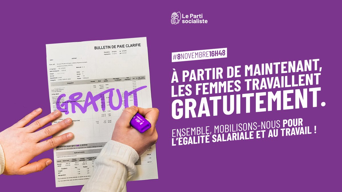 partisocialiste's tweet photo. ⏰ Nous sommes en 2024, et les femmes gagnent toujours 24% de moins que les hommes !

Le Parti socialiste se mobilise pour une réelle égalité salariale et au travail ✊

#8novembre16h48 https://t.co/WcgmtMkn0B