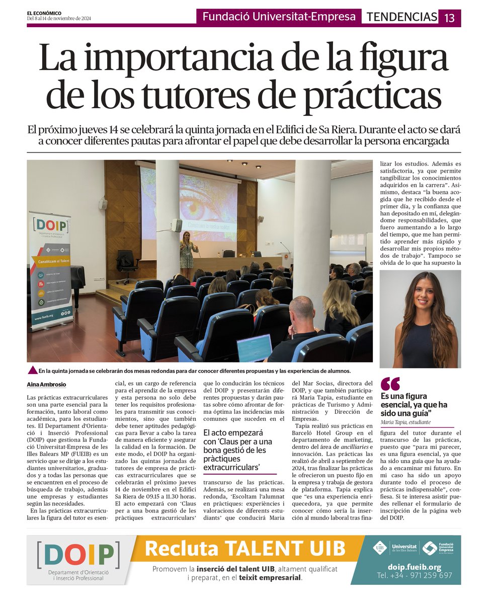 DOIP (@doip_uib) on Twitter photo La setmana que ve es durà a terme la 5a Jornada de #Tutors d’Empresa de Pràctiques Extracurriculars, una oportunitat per connectar amb altres professionals i descobrir noves #estratègies d’orientació educativa.
📃Reportatge d’ <a href="/ElEconomicoUH/">El Económico</a> : bit.ly/4fxrfg9 La setmana que ve es durà a terme la 5a Jornada de #Tutors d’Empresa de Pràctiques Extracurriculars, una oportunitat per connectar amb altres professionals i descobrir noves #estratègies d’orientació educativa.
📃Reportatge d’ <a href="/ElEconomicoUH/">El Económico</a> : bit.ly/4fxrfg9