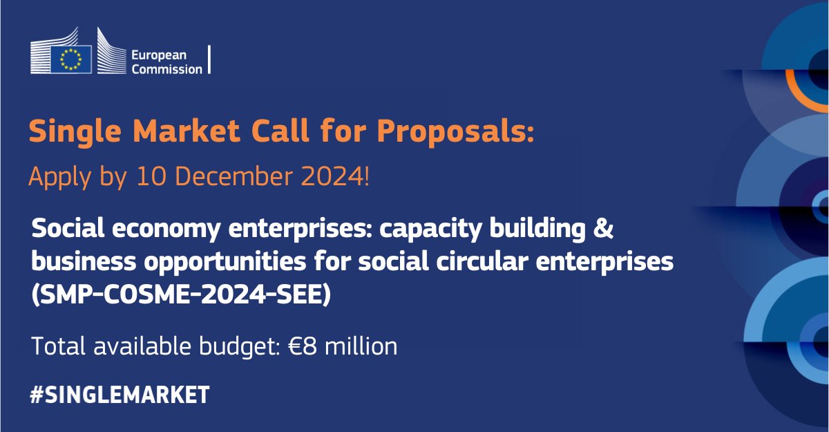 The second topic of this call aims to increase the contribution of #SMEs in the social economy to the development of circular economy value chains.

💶 Available budget for this topic: €2 million

Submit your proposal by 10 December:
europa.eu/!YmddG8

#SingleMarket