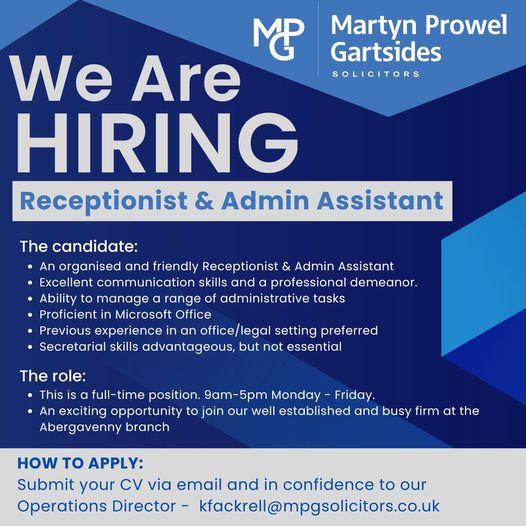 We are on the lookout for a friendly and organised Receptionist &amp; Admin Assistant to join our team in Abergavenny! 

If you're passionate about client care, have strong communication skills, and thrive in a fast-paced environment! 

This could be the perfect role for you.. !