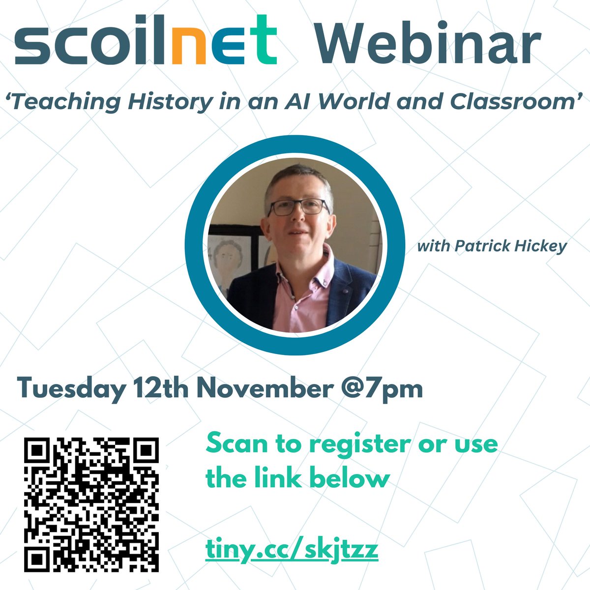 OideTechinEd's tweet photo. AI expert Patrick Hickey will explore the role of AI in teaching history in the Post-Primary Classroom. This hour long webinar will take place on Tuesday, 12th November @7pm. Register here https://t.co/TJRDdl4xwf https://t.co/oTlBcxMFec