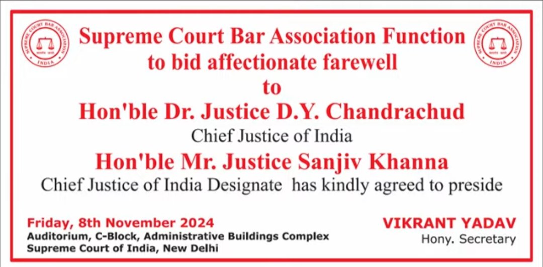 LawChakra's tweet photo. The farewell ceremony in honor of Hon'ble Dr. Justice D.Y. Chandrachud, the Chief Justice of India. 
It celebrates his remarkable contributions to the judiciary and marks the end of his esteemed tenure.

#JusticeDYChandrachud #CJI #FarewellFunction #IndianJudiciary #SupremeCourt #LegalLegacy