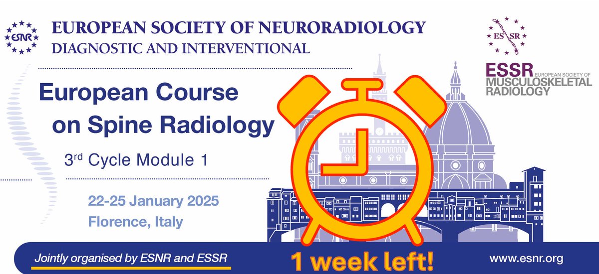 ESNR (@esnrad) on Twitter photo 📢 Early Bird Deadline Approaching!
Secure your place for the <a href="/ESNRad/">ESNR</a> <a href="/ESSRmsk/">European Society of Musculoskeletal Radiology</a> 🇪🇺 Spine Course before November 15th to benefit from the early fee!
Don't wait—register today: buff.ly/4faJIPk
📅 22-25 Jan 2025
🌍 Florence, Italy 🇮🇹
#SpineCourse #Neurorad #ThisIsESNR 📢 Early Bird Deadline Approaching!
Secure your place for the <a href="/ESNRad/">ESNR</a> <a href="/ESSRmsk/">European Society of Musculoskeletal Radiology</a> 🇪🇺 Spine Course before November 15th to benefit from the early fee!
Don't wait—register today: buff.ly/4faJIPk
📅 22-25 Jan 2025
🌍 Florence, Italy 🇮🇹
#SpineCourse #Neurorad #ThisIsESNR