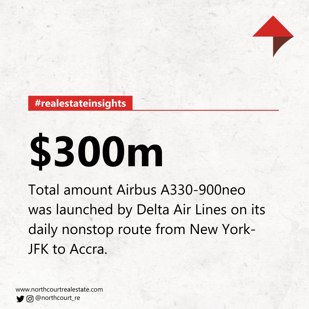 Northcourt_RE's tweet image. Delta Air Lines launched the $300m Airbus A330-900neo on its daily nonstop route from New York-JFK to Accra.

This adds 1,000 seats weekly, reflecting strong demand for premium travel between Ghana and the U.S.

#realestateinsight #northcourtRe