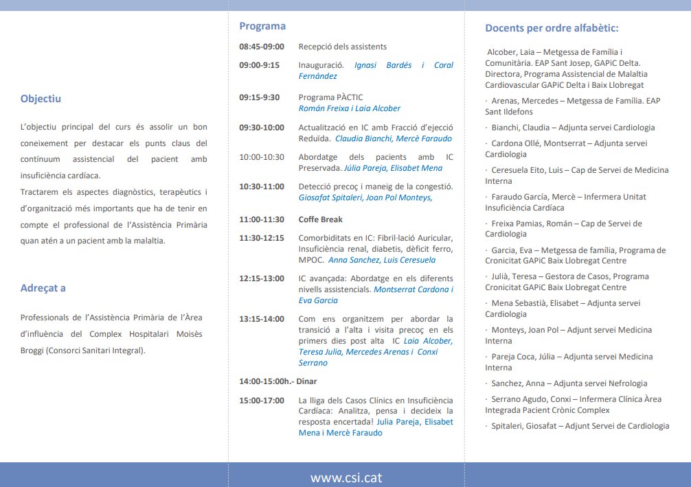 Societat Catalana de Cardiologia (@catcardio) on Twitter photo Apunta't a la jornada d'Insuficiència Cardíaca des d’Atenció Primària a Cures Pal·liatives que organitza el Servei de Cardiologia del Complex Hospitalari Moisès Broggi.
🗓️14 de novembre
📍Hospital de Sant Joan Despí, Planta 0 Auditori
✍️Inscripcions: Jornades.Cardiologia@csi.cat Apunta't a la jornada d'Insuficiència Cardíaca des d’Atenció Primària a Cures Pal·liatives que organitza el Servei de Cardiologia del Complex Hospitalari Moisès Broggi.
🗓️14 de novembre
📍Hospital de Sant Joan Despí, Planta 0 Auditori
✍️Inscripcions: Jornades.Cardiologia@csi.cat
