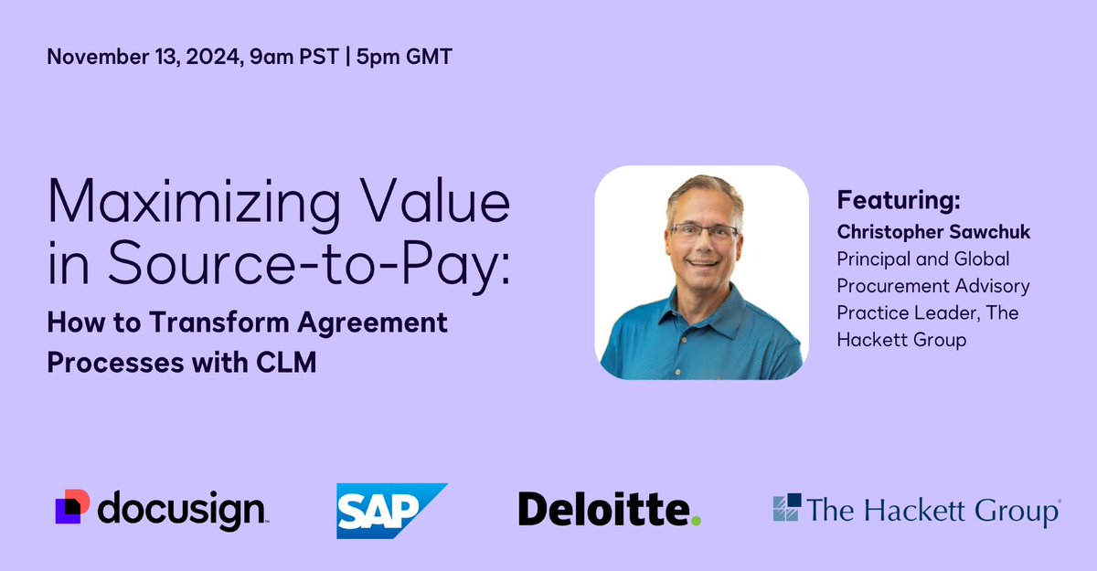 jjago13's tweet photo. Join Chris Sawchuk from The Hackett Group on Nov 13 at 12pm ET to explore digital transformation in source-to-pay. Discover how CLM can drive efficiency, compliance, and value with actionable insights! Don’t miss out – register now: https://t.co/tZ2uHeO6re https://t.co/HWHSC5cilX