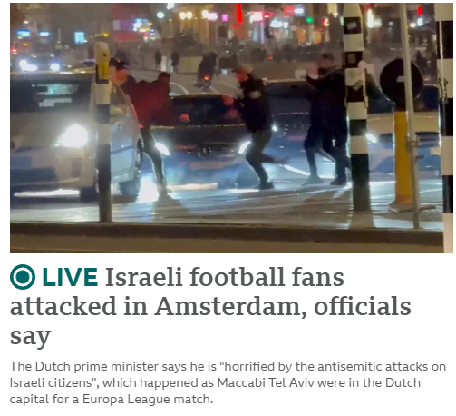 jewdas's tweet image. BBC illustrating this story with a picture of ISRAELI fans attacking a DUTCH man