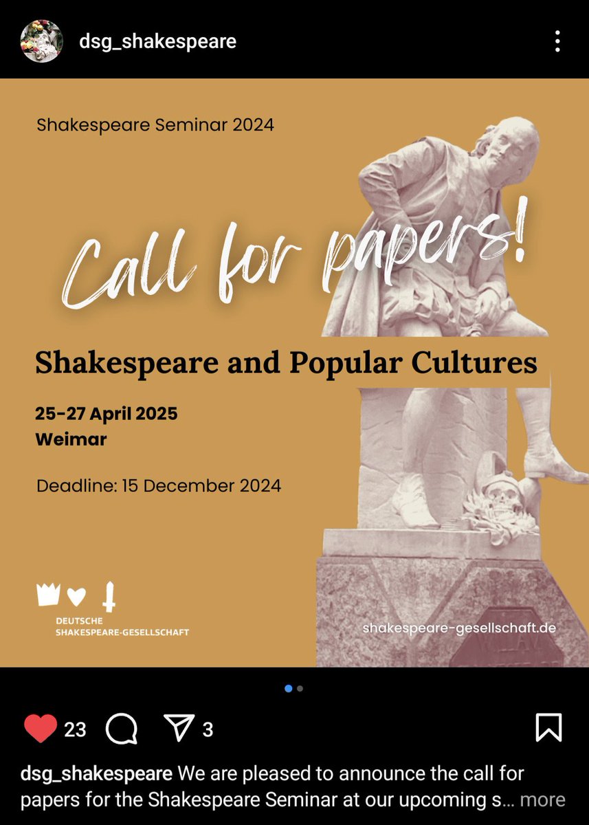 The #CFP for the #GermanShakespeareAssociation's fabulous #ShakespeareSeminar is now open. Please visit shakespeare-gesellschaft.de for the call and further information.