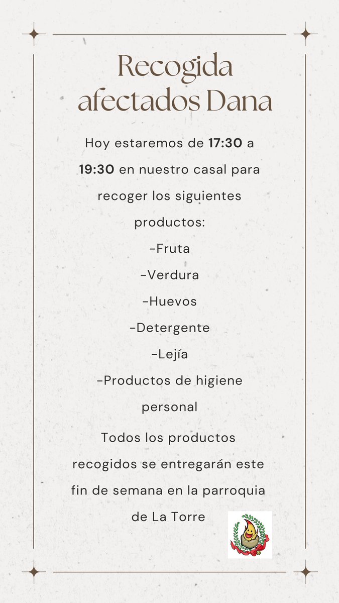 Desde la Falla Albacete-Marvá también queremos colaborar con los afectados de la Dana. Por eso estaremos esta tarde recogiendo los siguientes productos en nuestro casal. ¡Os esperamos!