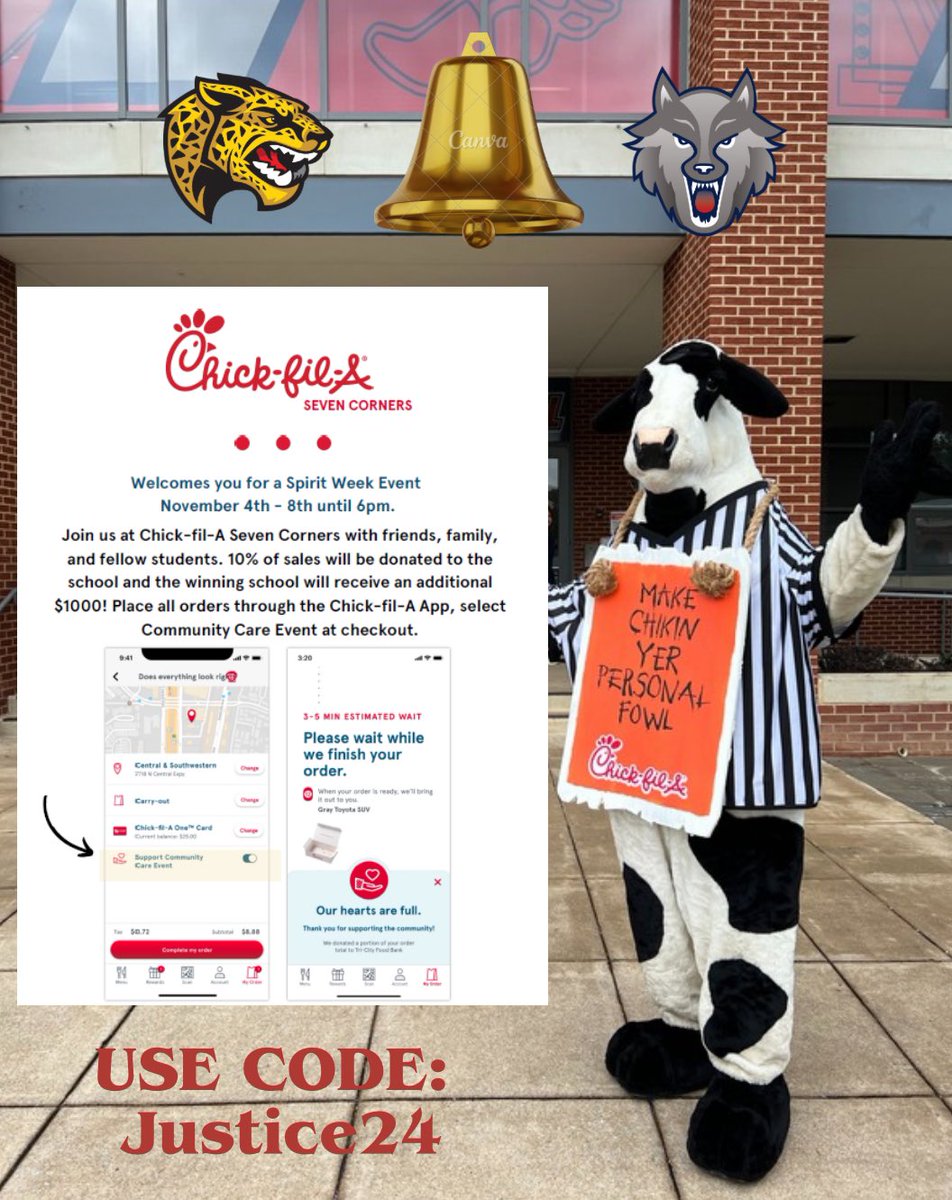 Final day to help us ✨WIN ✨ the Chick-Fil-A challenge, and Beat Falls Church! As of last night, we took the lead but we need your help to keep it! Challenge is open until 6 PM! Grab breakfast, lunch and a pregame snack! 🐺