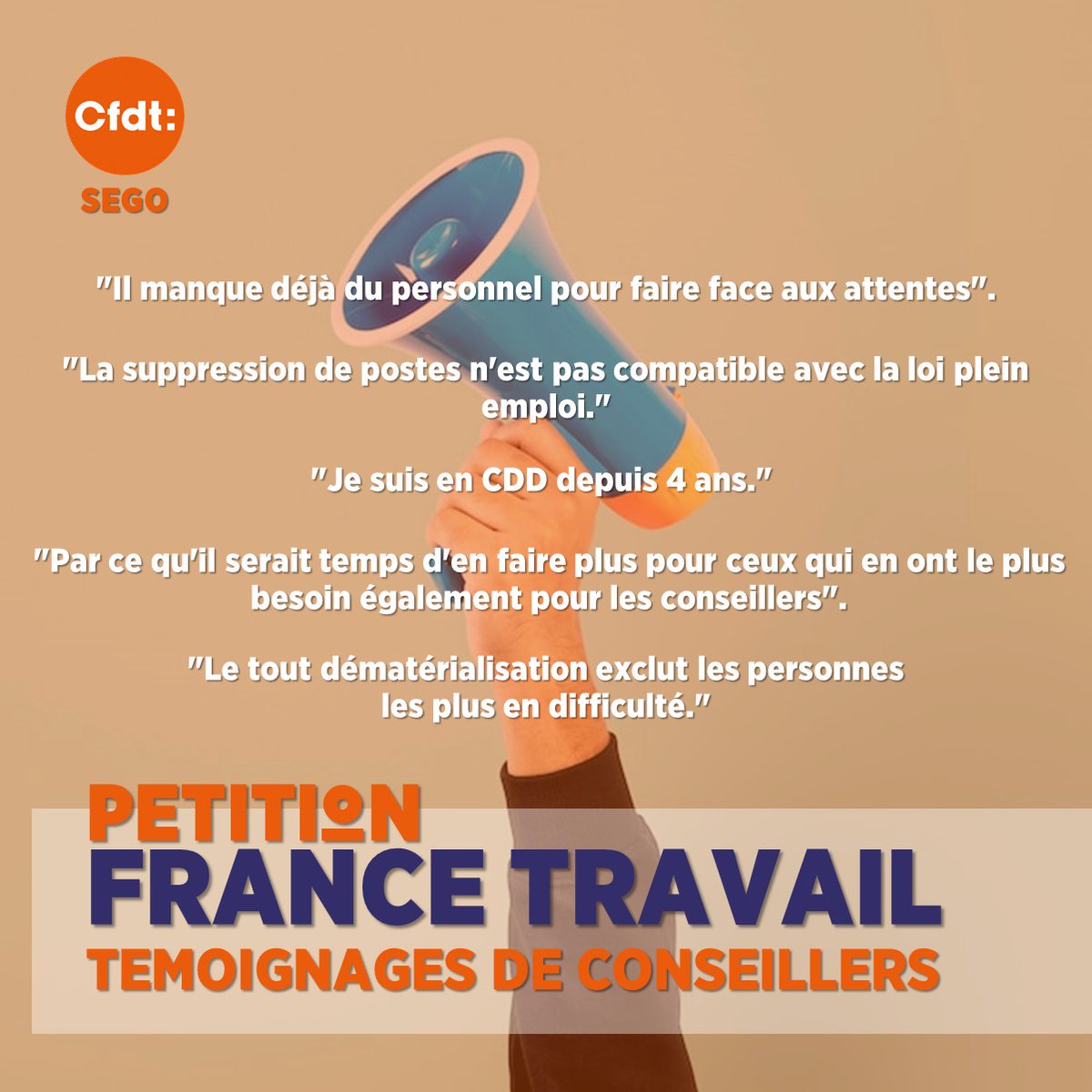 CfdtSego's tweet photo. 🚨 NON aux suppressions de postes à #FranceTravail ! 🚨

Agents débordés, demandeurs d'emploi moins accompagnés : ces réductions menacent notre service public.

✍️ Signez la pétition pour dire NON à ces suppressions et préserver un suivi humain ! 🔗⬇️

https://t.co/6R2jgEae0A https://t.co/DWcZgGW6MM