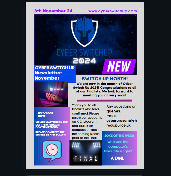 ATTENTION: ISSUE 9 OF THE CYBERSWITCHUP NEWSLETTER IS OUT!       

Look out for weekly information, competition updates and Cyber joke of the week!   

cyberswitchup.com #BREAKING #CyberSecurity #cybereducation #cyberawareness