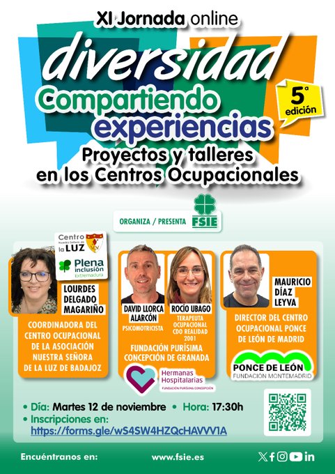 💻 @fsienacional 
 organiza una nueva jornada online gratuita de #discapacidad "Compartiendo Experiencias", sobre los centros ocupacionales. 

🗓️ Martes 12 de noviembre
⌚17:30 horas

🔗 Inscríbete aquí 👉 buff.ly/4hrJ7Kr