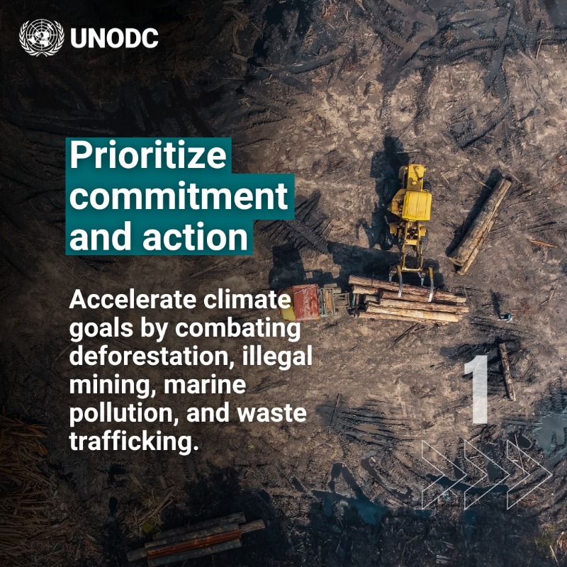 UNODC's tweet photo. Illegal deforestation, marine pollution, crimes in the fisheries sector and waste trafficking weaken our ecosystems' ability to mitigate climate change.

During #COP29 our mission is to raise awareness of crimes that degrade and harm the environment.

#endENVcrime