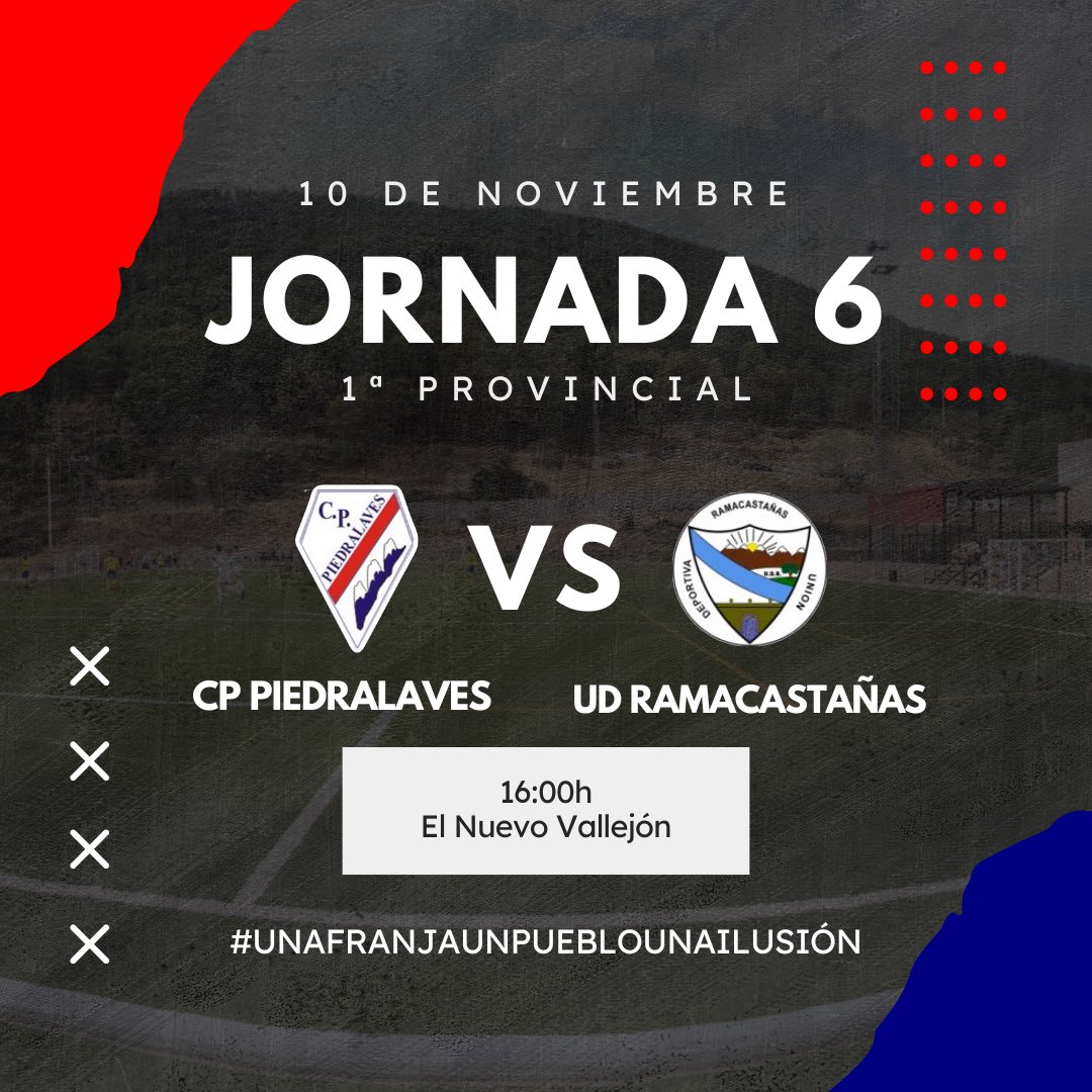 ⚽️ PRIMERA PROVINCIAL - JORNADA 6

🏠Este domingo recibimos en casa a la UD Ramacastañas.

🕓 Partido programado para este domingo día 10 de octubre a las 16:00h.

🏟 El Nuevo Vallejón.

¡SOMOS EQUIPO! ⚪️♥️⚪️
#unafranjaunpueblounailusion