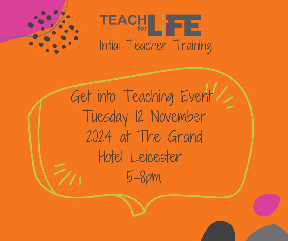 Come and discover more about our fantastic accredited providers and our Primary &amp; Secondary ITT Routes. We’ll be at the East Midlands Train to Teach event on Tuesday, November 12th.
<a href="/TeachFirst/">Teach First</a> <a href="/NITE_org/">National Institute of Teaching and Education</a>  <a href="/uniofleicester/">University of Leicester</a> 
Don't miss out, sign up today!
getintoteaching.education.gov.uk/events/about-g…