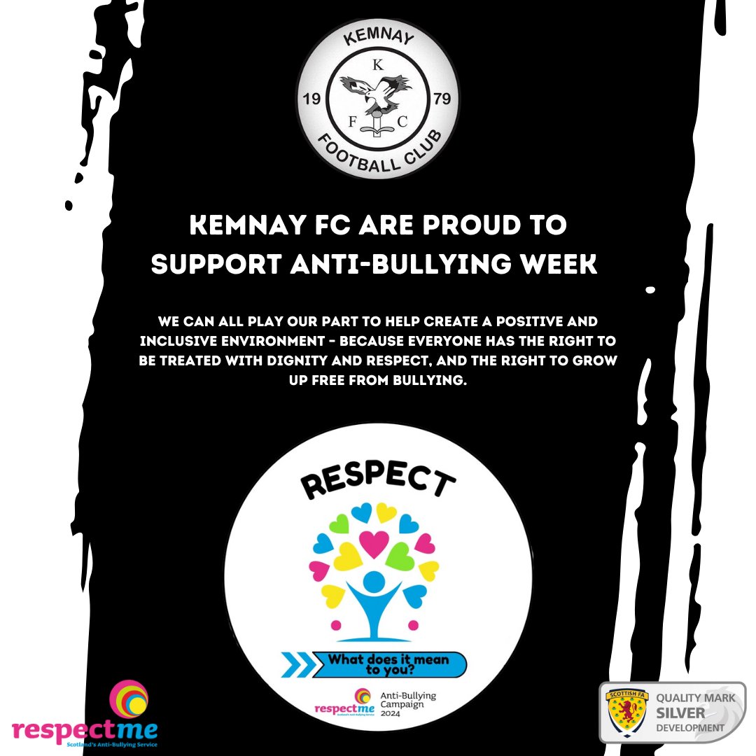 The 11th - 15th Nov is Anti Bullying Week 2024!

Kemnay FC are proud to support this campaign by <a href="/_respectme_/">respectme - Scotland's Anti-Bullying Service</a>  to promote a inclusive &amp; positive environment for children to play football.

For more info:
respectme.org.uk/resources-abw-…

#antibullyingweek2024 #respectmeans #respectme