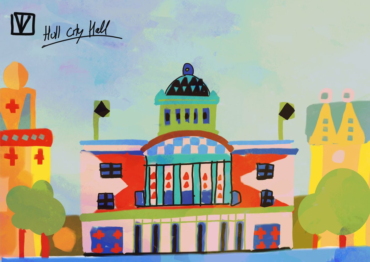 digihull's tweet image. Playing around with a style ‘loosely based on Mary Blair’ Hull city Hall #procreate #hull