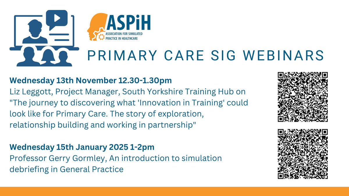 ASPiH (@aspihuk) on Twitter photo The ASPIH #PrimaryCare SIG are holding:
13th November 12.30-1.30pm
teams.microsoft.com/l/meetup-join/β¦
15th January 2025 1-2pm
teams.microsoft.com/l/meetup-join/β¦
We hope you can join us!
Any questions please contact admin@aspih.org.uk
#Simulation The ASPIH #PrimaryCare SIG are holding:
13th November 12.30-1.30pm
teams.microsoft.com/l/meetup-join/β¦
15th January 2025 1-2pm
teams.microsoft.com/l/meetup-join/β¦
We hope you can join us!
Any questions please contact admin@aspih.org.uk
#Simulation