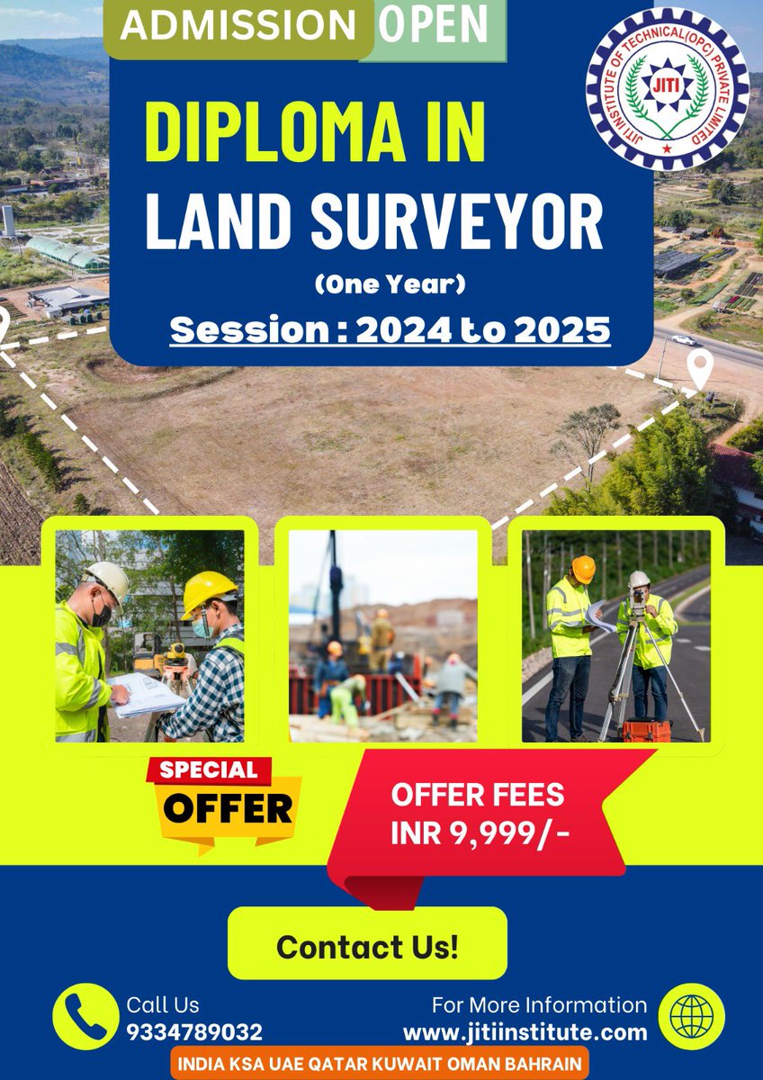 jitiinstitute's tweet photo. Admission Open 2024
Diploma In Land Surveyor (One Year)
Offer Fees : 9,999/-
#diploma #landsurveyor #oneyearcourse https://t.co/2lhMFER5GO