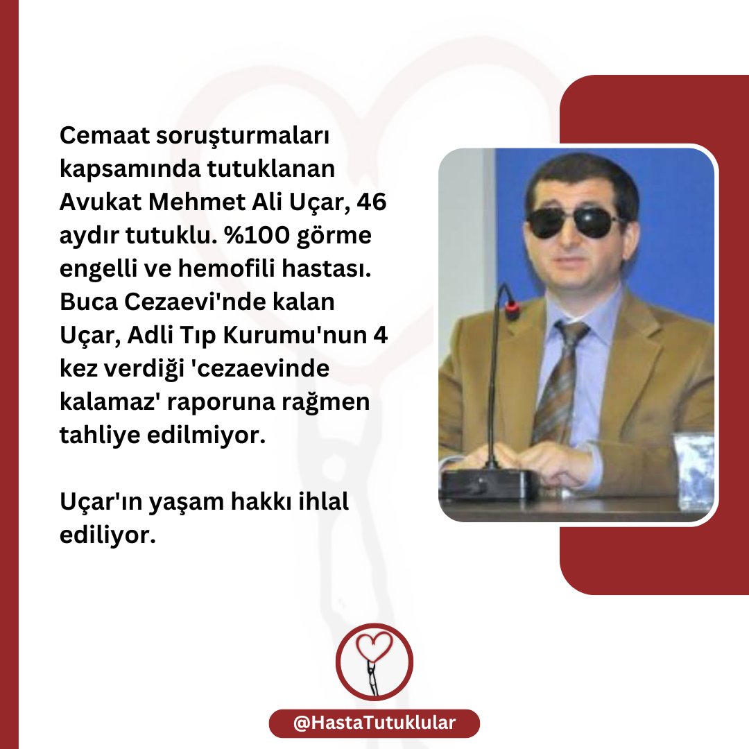 Danyal_6707's tweet photo. "Zor durumdayım. İç kanama geçiriyorum. Yıllardır cezaevindeyim. Sesimi duyurun artık tahliye etsinler."

Av. Mehmet Ali Uçar, %100 görme engelli. Düşüyor, yaralanıyor. Aynı zamanda hemofili hastası ama tahliye edilmiyor

EngelliMahpusa TutuksuzÇözüm
Darbe
https://t.co/QYw9d6kU9e