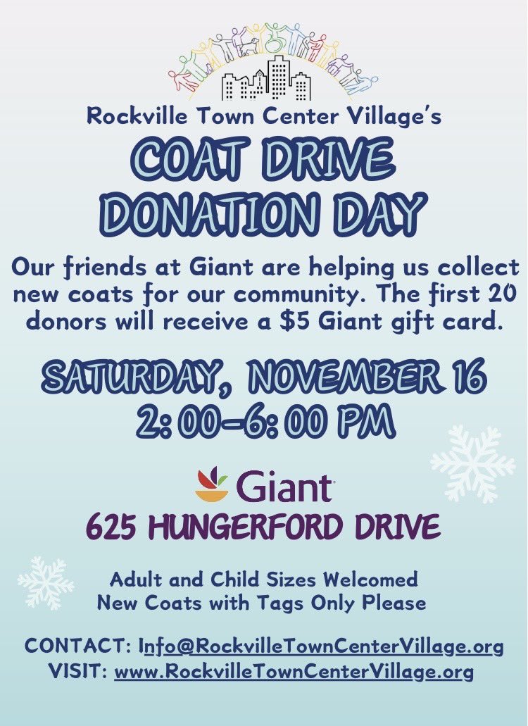 Rockville Town Center Village is holding a coat drive that will benefit our students at Meadow Hall ES! Donations can be dropped off on 11/16 at <a href="/GiantFood/">Giant Food</a> on Hungerford Drive! <a href="/CSconnect_MCPS/">MCPS Community Schools Team</a> <a href="/csspecialist53/">Daysi Castro</a>