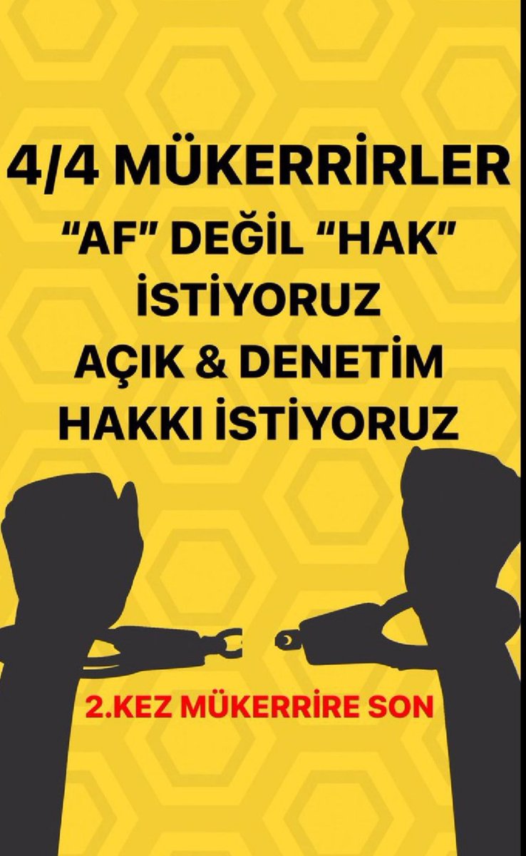 @BUSEM_1453 <a href="/RTErdogan/">Recep Tayyip Erdoğan</a> <a href="/eczozgurozel/">Özgür Özel</a> <a href="/dbdevletbahceli/">Devlet Bahçeli</a> <a href="/yilmaztunc/">Yılmaz TUNÇ</a> <a href="/fahrettinaltun/">Fahrettin Altun</a> <a href="/iletisim/">T.C. İletişim Başkanlığı</a> <a href="/Akparti/">AK Parti</a> <a href="/TBMMGenelKurulu/">TBMM Genel Kurulu</a> <a href="/M_Sarigul/">Mustafa Sarıgül</a> <a href="/avsbulbul/">Süleyman Bülbül</a> Ötelenmekten tükendik artık!!!4/4 uygun bir yasa değildir diyen sizlerdiniz
4/4 çift mükerir infaz düzenlemesinin
 biran önce yasalaşmasını bekliyoruz.4/4 insan haklarına aykırıdır. Sesimizi duyun 🙏<a href="/NumanKurtulmus/">Numan Kurtulmuş</a> <a href="/bybekirbozdag/">Bekir  Bozdağ</a> <a href="/_cevdetyilmaz/">Cevdet Yılmaz</a> <a href="/RTErdogan/">Recep Tayyip Erdoğan</a> <a href="/cuneytyuksel_/">Prof. Dr. Cüneyt Yüksel</a>