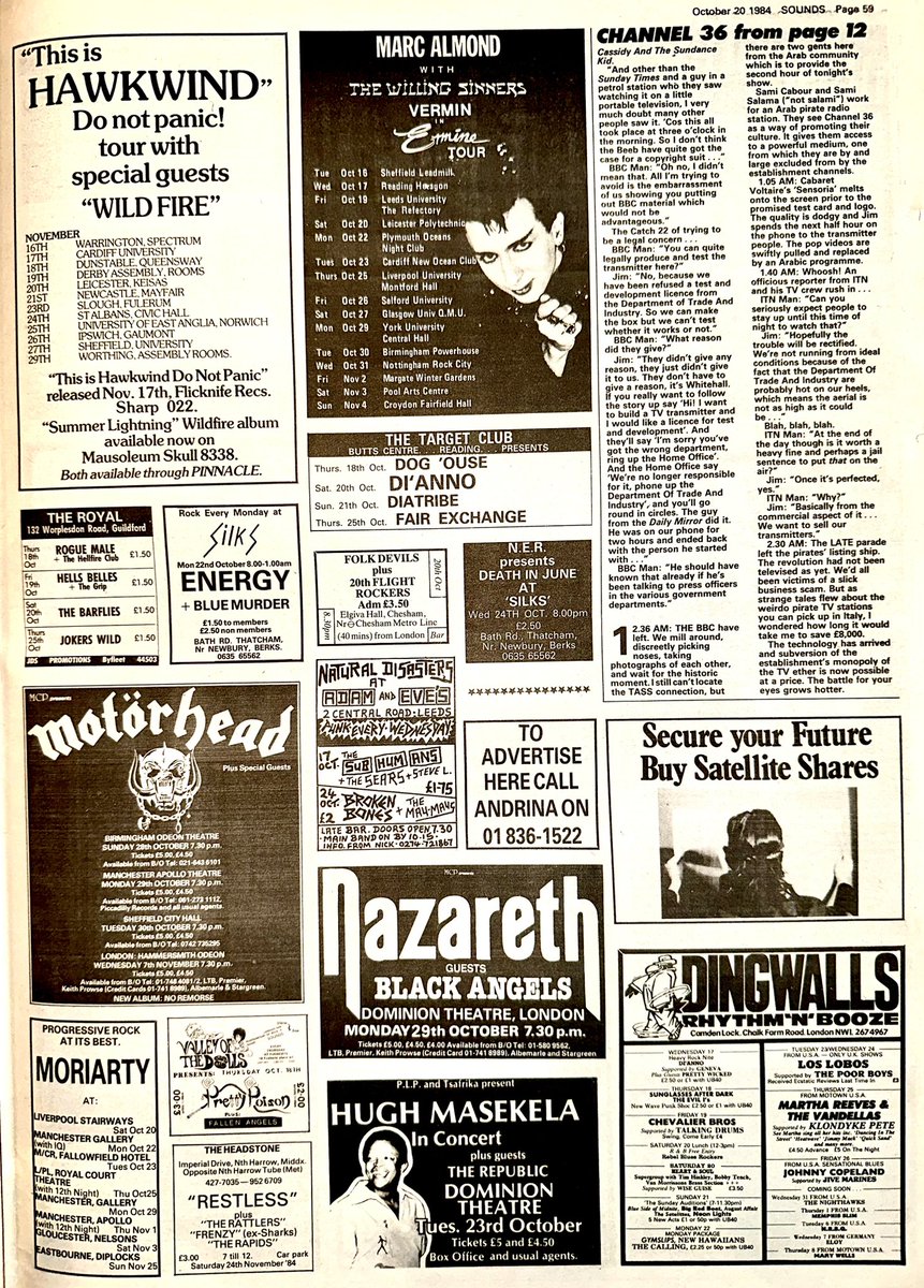 ZoundsAbound's tweet photo. Another stellar week of shows, the highlight will of course, be #BabyTuckoo at the Royal Standard!

I can’t miss @fallnews @DCDmusic &amp; #TheMembranes at the Lyceum &amp; finally #TheGunClub, #Furyo &amp; #TheScientists at the Electric Ballroom 

Enjoy your week!

Sounds October 20th 1984 https://t.co/q3PuHOq4ux