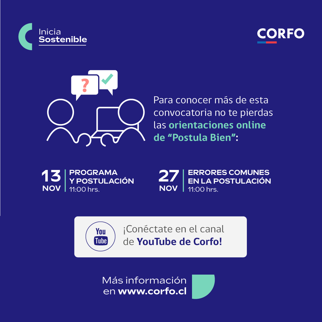 📢 Ya está disponible Inicia Sostenible !!

➡️Revisa las gráficas e ingresa a los links dispuesto para postular y conocer todos los detalles de este nuevo instrumento al que podrás postular hasta el 4 de diciembre.

Postula en: corfo.cl/sites/cpp/conv…