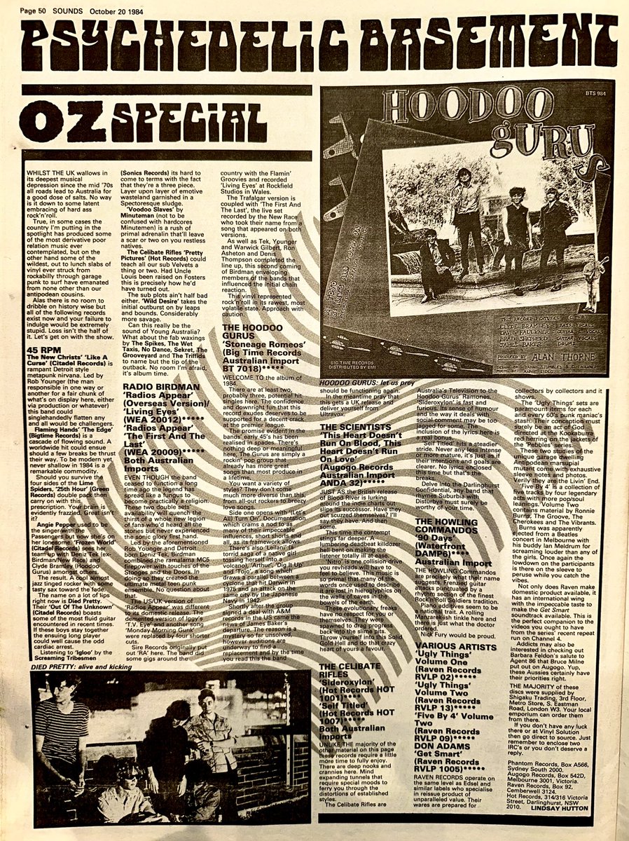 ZoundsAbound's tweet photo. 5⭐️ LP reviews for ‘Slip It In’ by @blackflagband for ‘Run Better Run’ by #TheCheepskates for ‘Stoneage Romeos’ by #TheHoodooGurus’ &amp; for ‘This Heart’ by #TheScientists

Close call too for #BronskiBeat #XTC @ymo @BigCountryUK &amp; #Residents 

@SAIABCT 

Sounds October 20th 1984 https://t.co/PtTAZyz8up