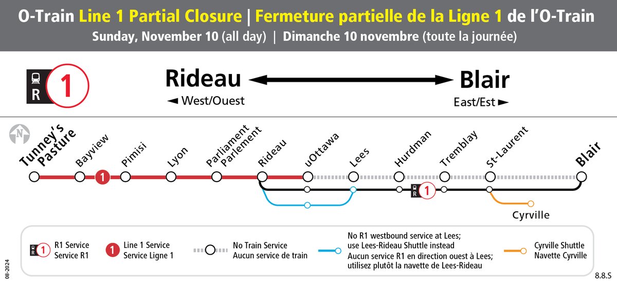 ✅Regular O-Train Line 1 service is running today from Tunney's Pasture to Blair Stations. We thank you for your patience.

1/2